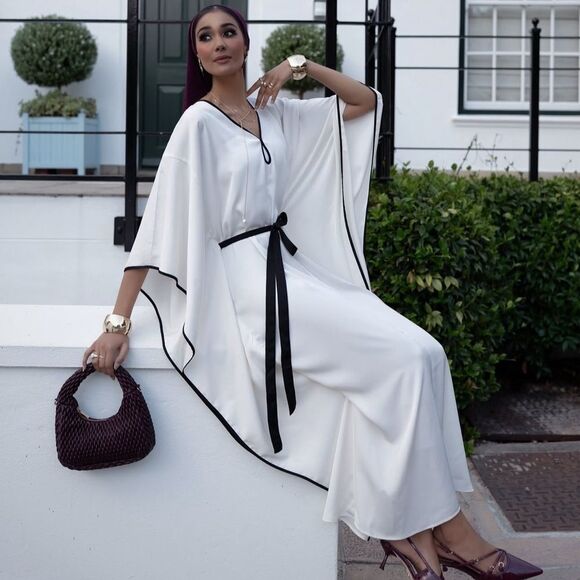 H&M TIE-BELT KAFTAN DRESS CREAM RAMADAN MODEST COLLECTION - Picture 5 of 7
